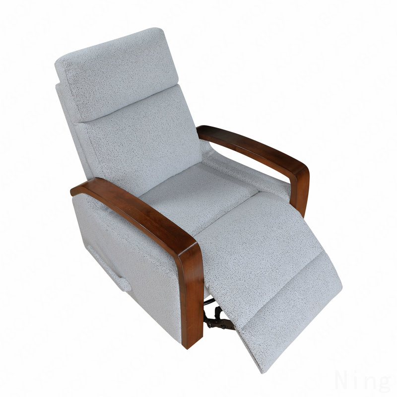 Gray Boucle Fabric Swivel Glider Recliner - Brown Wooden Arms, Living Room Furniture
