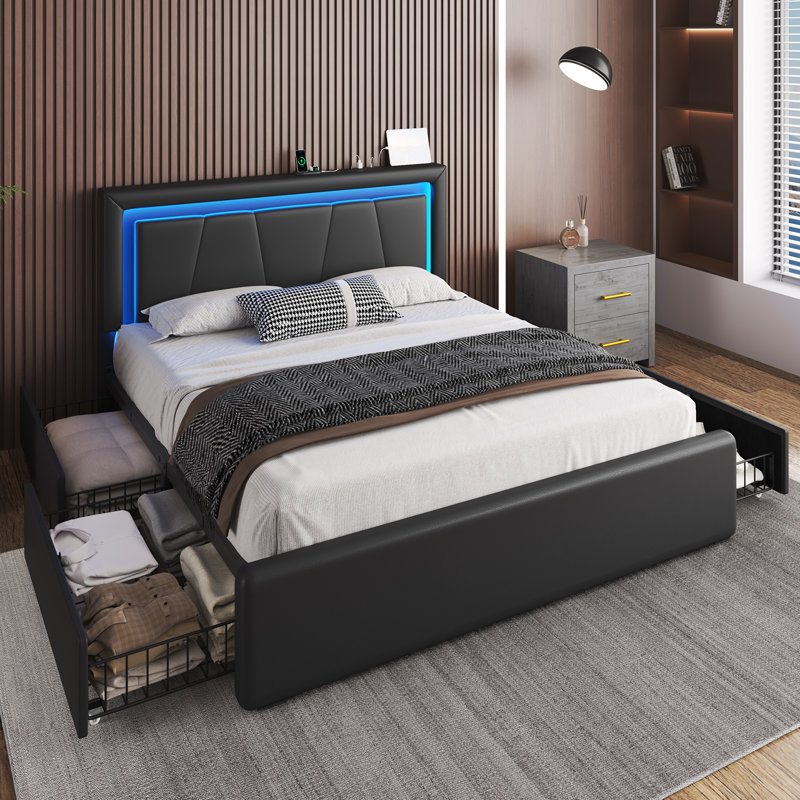 Upholstered Platform Bed with 4 Large Storage Drawers, RGB LED lights, Charging Station, Adjustable Headboard, Easy Assembly