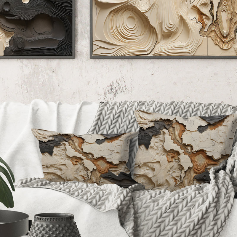Coussin décoratif imprimé de formes abstraites beige et brun