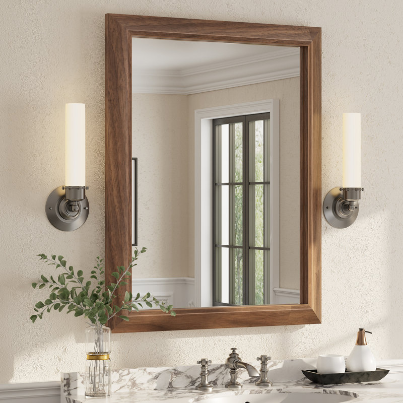 Amara Tempered Glass and Aluminum Alloy Framed Wall Mirror, 36" x 28", Dark Brown Wood