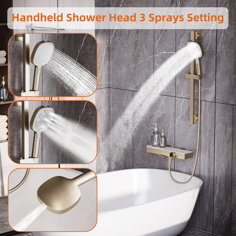 Brush Gold Modern 2-Function Shower System with Tub Spout, 3-Spray Handheld, Adjustable Height, cUPC Certified for Bathroom
