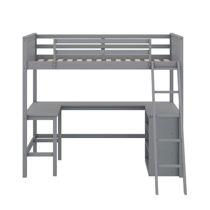 Lit mezzanine simple avec tablettes et bureau, Gris