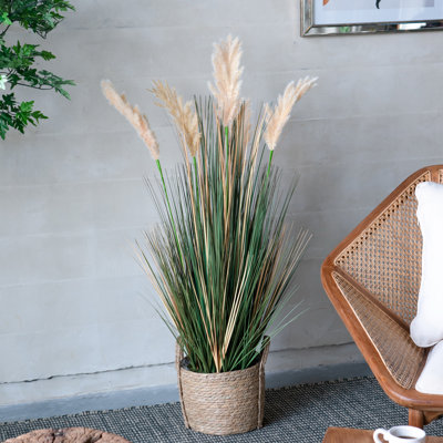45" Artificial Potted Pampas Grass, Tall Faux Floor Plant with Woven Seagrass Basket Planter, Decorative Fake Grass for Living Room Entryway Bedroom Office