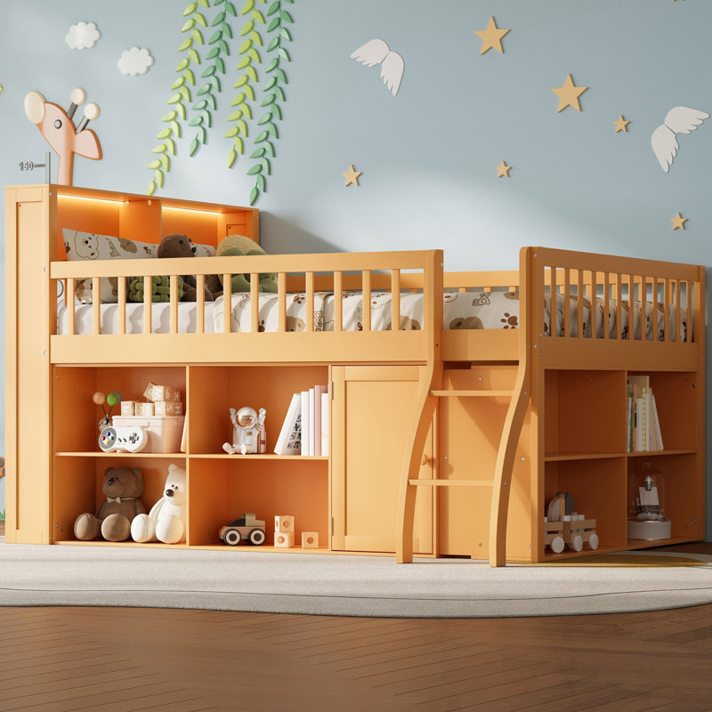 Lit mezzanine double avec rangement, tête de lit avec lumière DEL, Naturel