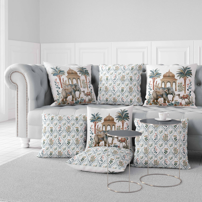 Oreiller en faux suède Royal Rajasthan, Carré 20 po, Bleu / blanc