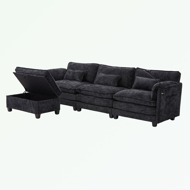 Canapé modulaire en L en chenille avec repose-pieds, support pour téléphone et port de chargement USB, Chenille noir