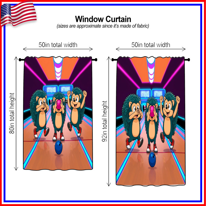 Caricature de rideaux de quilles Hedgehogs Bowling, 50 po x 92 po - 1 panneau, Blocage