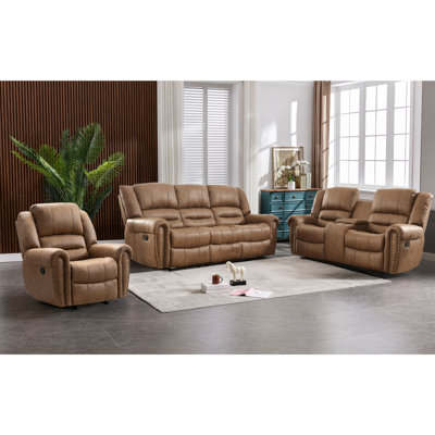 Siete 3-Piece Classic and Breathable Faux Leather Reclining Manual Living Room Sofa Set -  Red Barrel StudioÂ®, 16D251BCD3B84396A743600C1E17E474