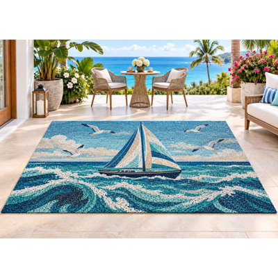 Tapis d'extérieur 152 x 213 cm (5' x 7') motif voiliers et vagues, style côtier, en PVC épais, imperméable et bouclé, idéal pour terrasse, balcon, VR et autres espaces extérieurs. Séchage rapide.