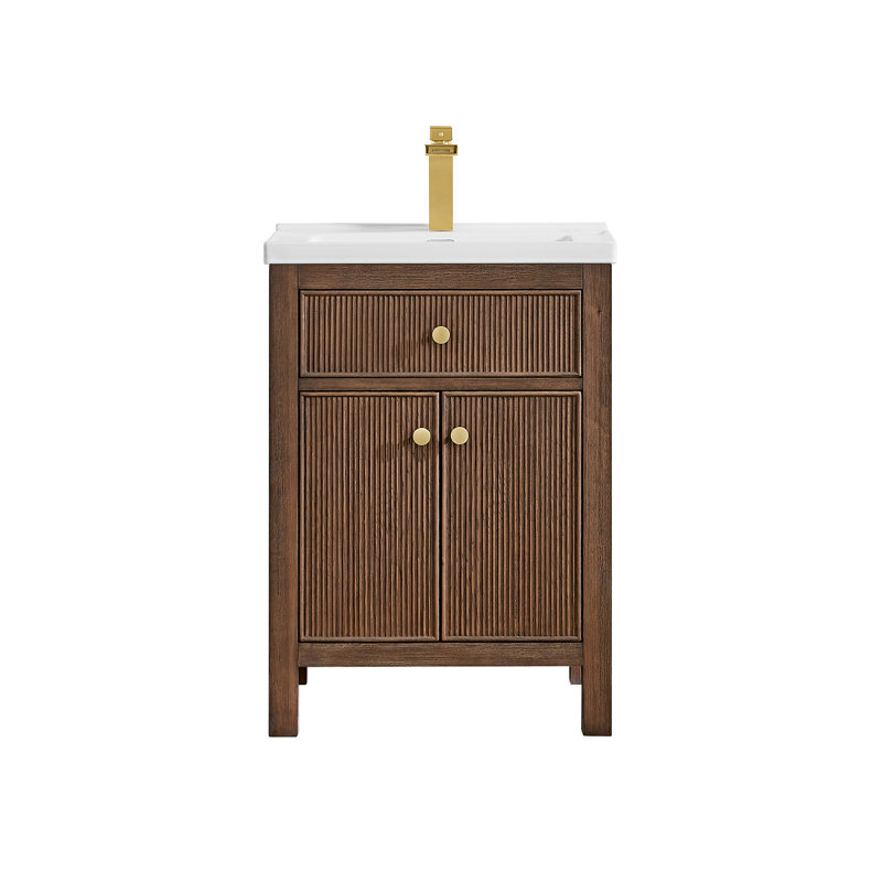 Meuble-lavabo simple Lala de 24 po avec lavabo intégré en céramique blanche (sans miroir), Chêne brossé brun