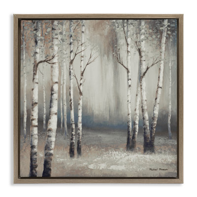 Misty Birch Tree Forest Landscape Black Framed Floater Canvas Wall Art by Michael Marcon