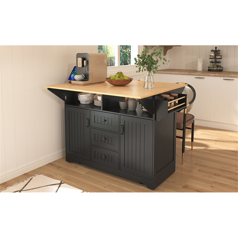 55.7'' Large Kitchen Island With 2 Drop Leaf, Black