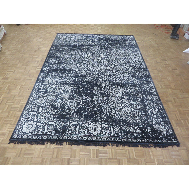 Tapis noir en laine noué à la main de conception unique 9 pi 10 po x 14 pi 2 po Mahmooda