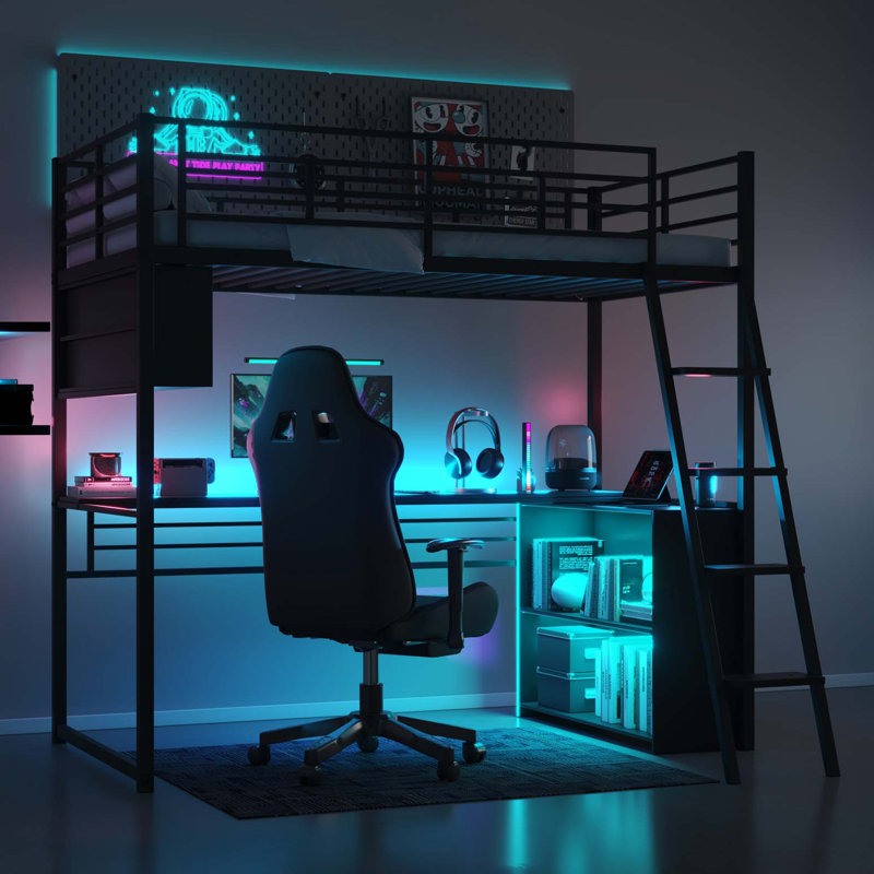 Lit mezzanine en métal avec DEL, bureau et 4 tablettes de rangement, Lit simple