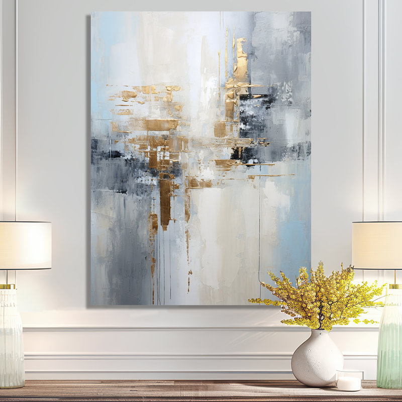«Gold Memories On Faded Blue», art mural abstrait, H 32 po x l 24 po x P 1 po, Toile tendue