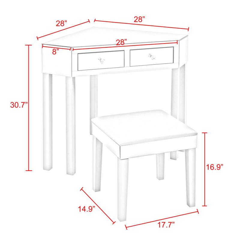 Coiffeuse de maquillage avec tabouret de coin 2 tiroirs Amaris, Coin gris