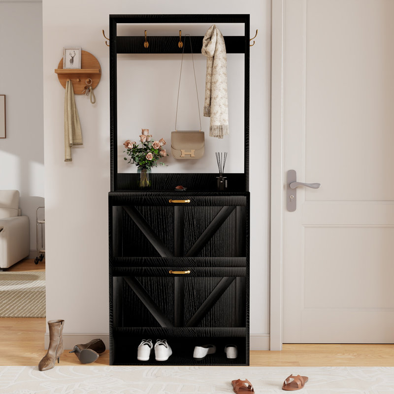 Shoe Storage Cabinet With Hooks, Black