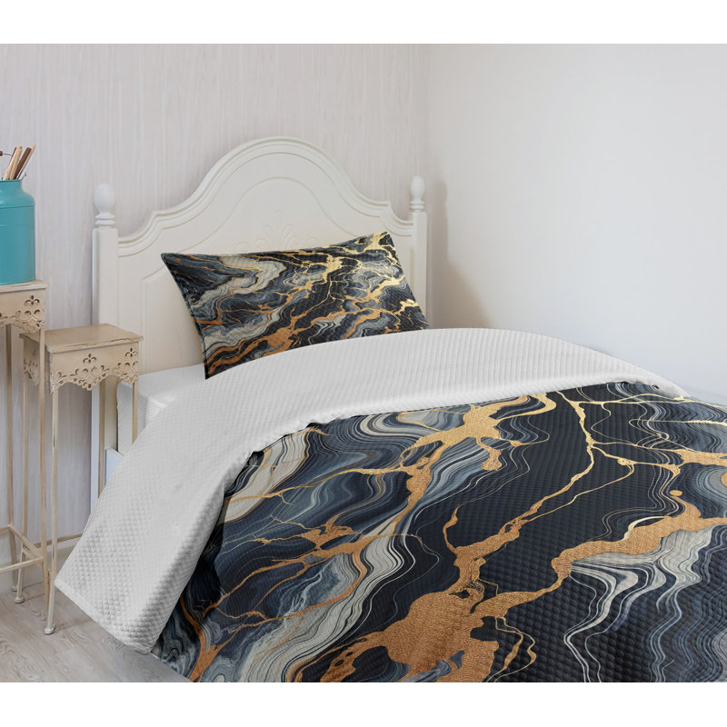 Twin Quilted Bedspread Set with Orange and Slate Blue Marble Print