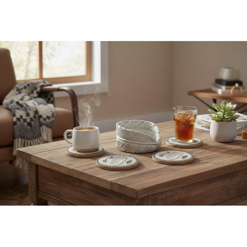 Sage Brush Boho Feather Moon Coaster Set
