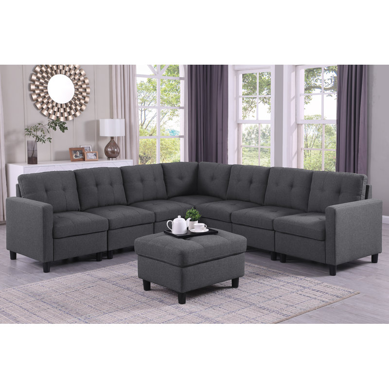 Kentrell 7 - Piece Upholstered Sectional With Ottoman, Dark Gray Linen Blend