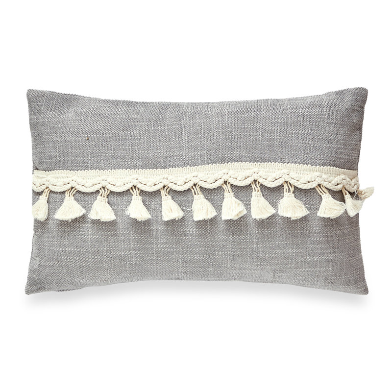 Tissu en chenille avec détails pompon et coussin en polyester, Pas de bourre, Gris clair
