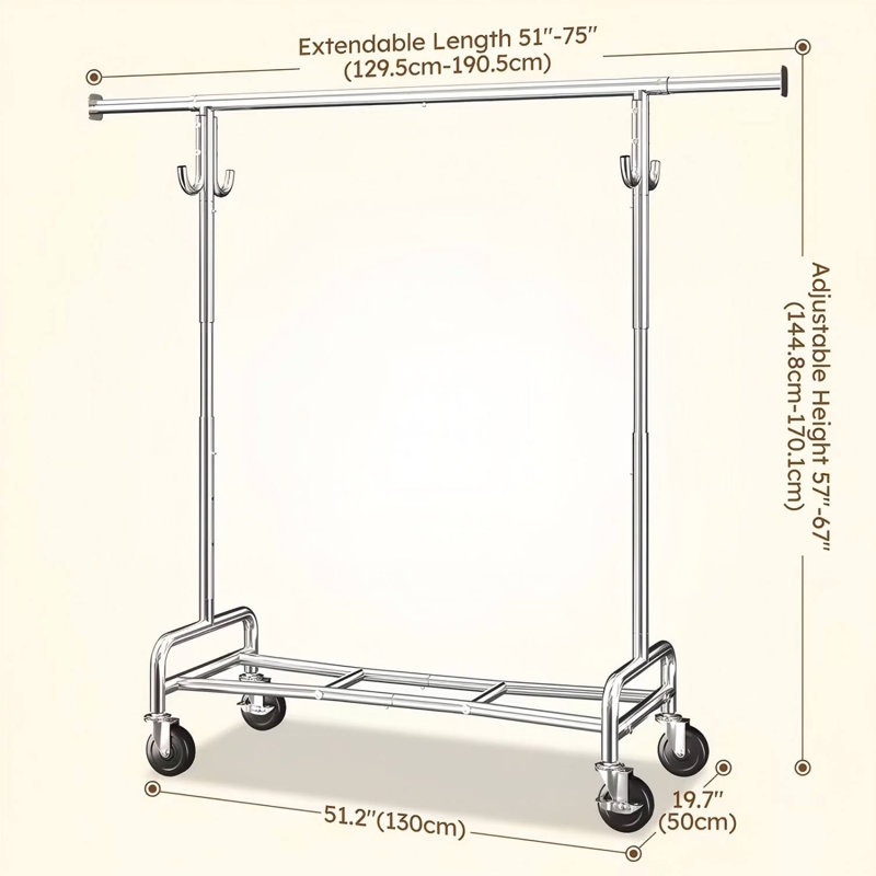 Portant à vêtements robuste 1 tringle simple, capacité de charge maximale de 525 lb, portatif à vêtements argenté