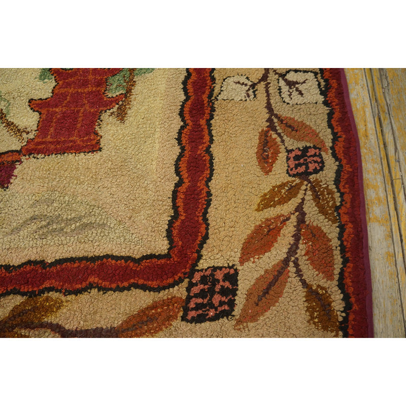 Square Shape Room Size Ivory Antique Chinese Rug Influenced Design Antique American Hooked Rug