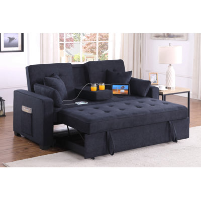 70-Inch Dark Gray Woven Fabric Convertible Sleeper Loveseat With Drop-Down Console, Cup Holders, Usb & Usb-C Charging Ports, And Pocket Coil Seating - Multi-Functional Sofa Bed