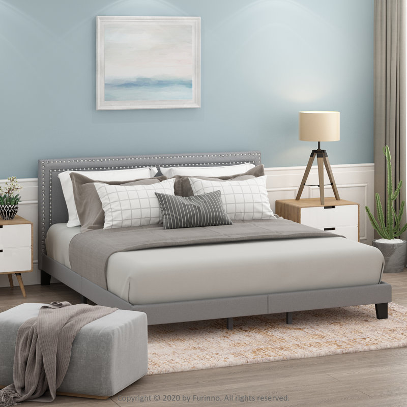 Alpern Upholstered Double Row Nail Head Bed Frame, Super King (6')