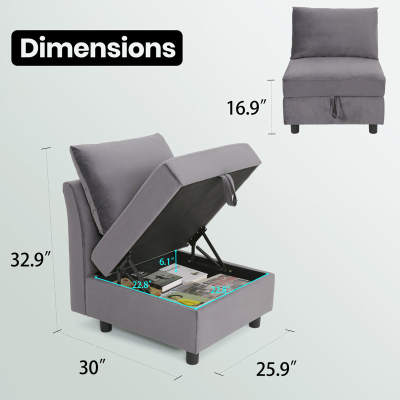Canapé modulaire en velours 6 pièces avec rangement sous le siège 6 pièces, Velours gris