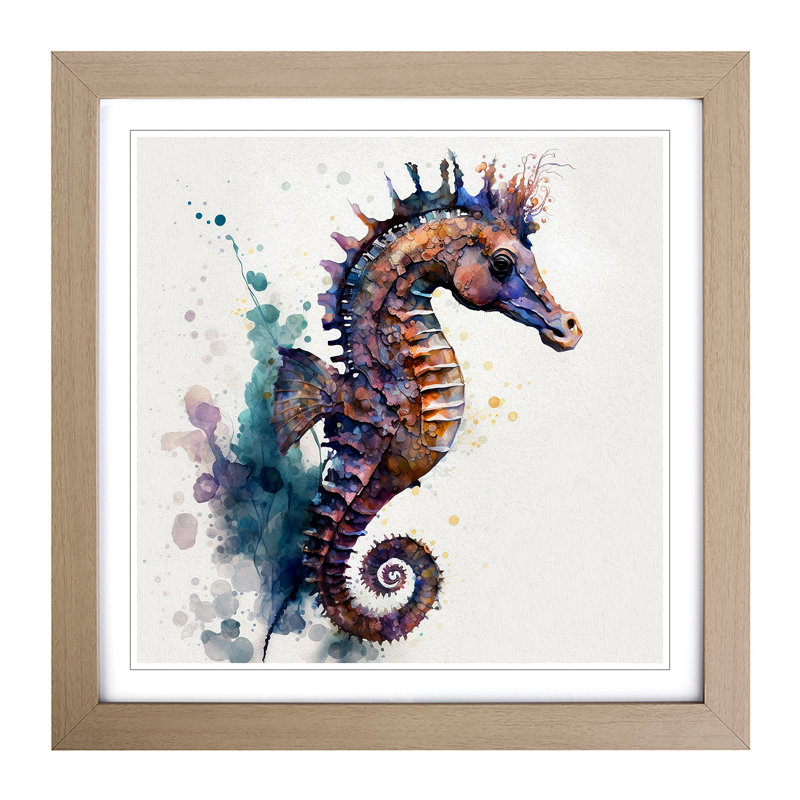 Seahorse Gestural - Single Picture Frame Print on Wood, Oak