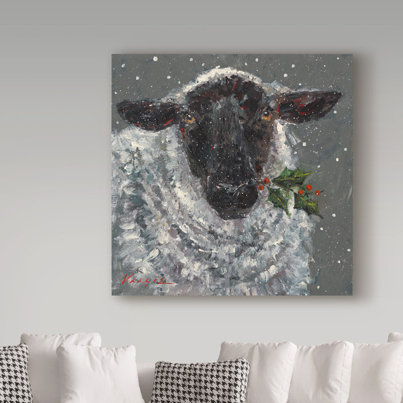 Art mural sur toile tendue - "Wren The Christmas Sheep" par Mary Miller Veazie pour décoration de salon, de chambre à coucher ou de bureau - 14 x 14