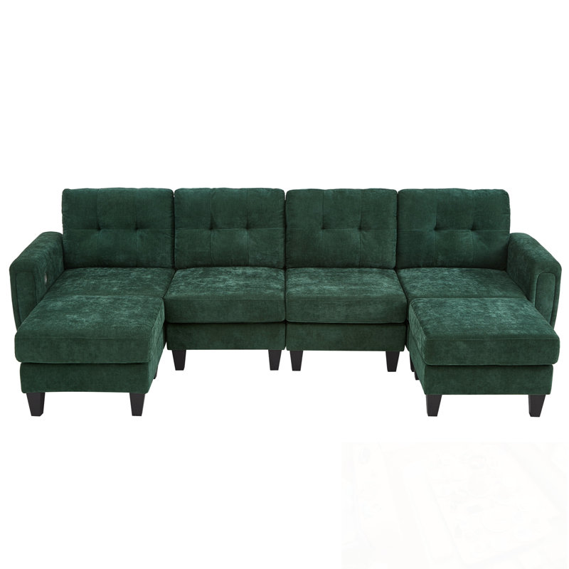 U-Shaped Upholstered Sofa With Two Movable Ottomans, USB Ports And Side Tables, Green Chenille