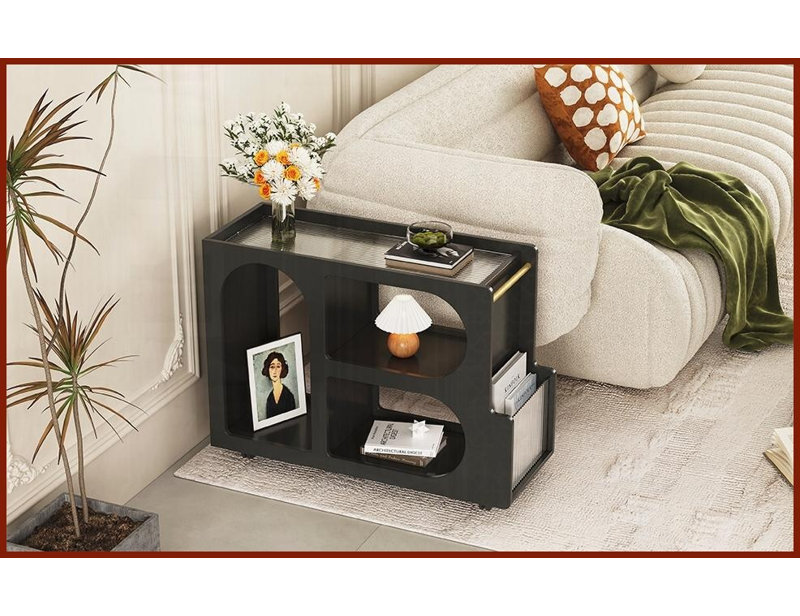 Table basse cannelée en verre trempé avec tige dorée Roulettes verrouillables, peu encombrantes pour le salon, Noir