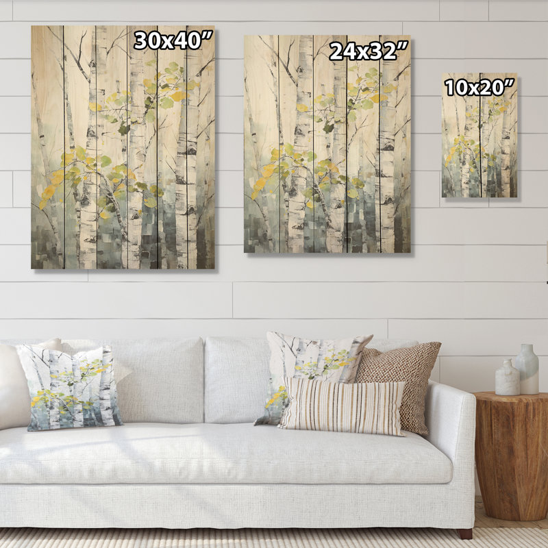 Forêt de bouleaux gris et jaune - Art sur bois de pin naturel, H 20 po x l 10 po