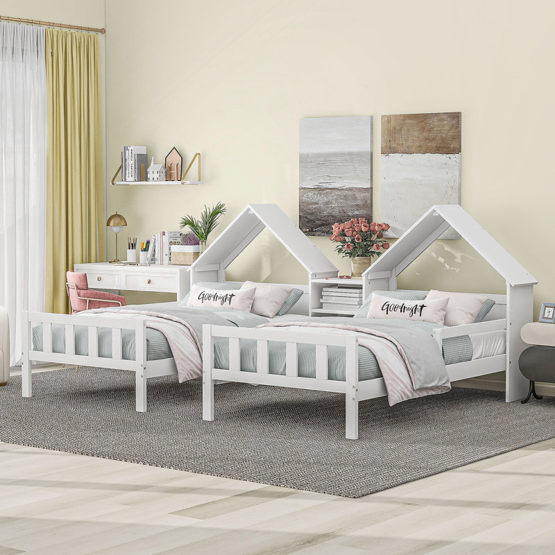 Double Platform Bed with House-shaped Headboard and a Built-in Nightstand