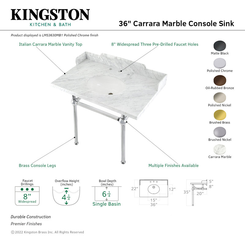Kingston Brass Pemberton 36-Inch Carrara Marble Console Sink with Brass Legs (8-Inch, 3-Hole), Marble White/Brushed Brass