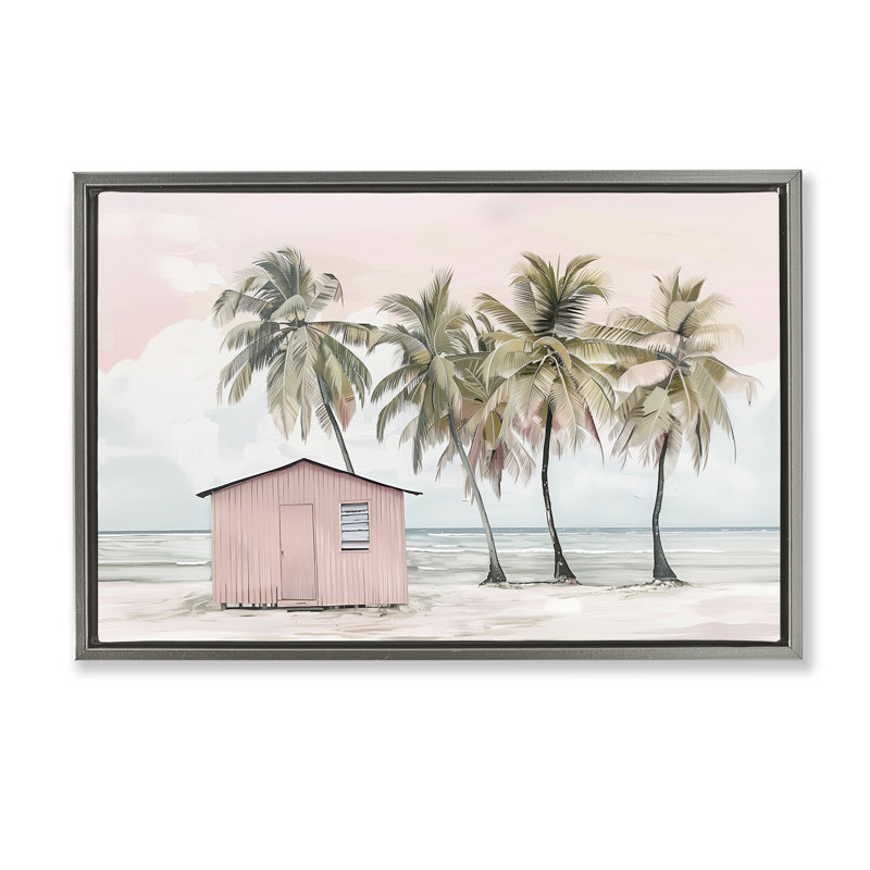  Toile flottante encadrée "Pink Beach Hut & Palms" par Arlington Prints, H 21 po x l 31 po, Cadre flottant gris lustré