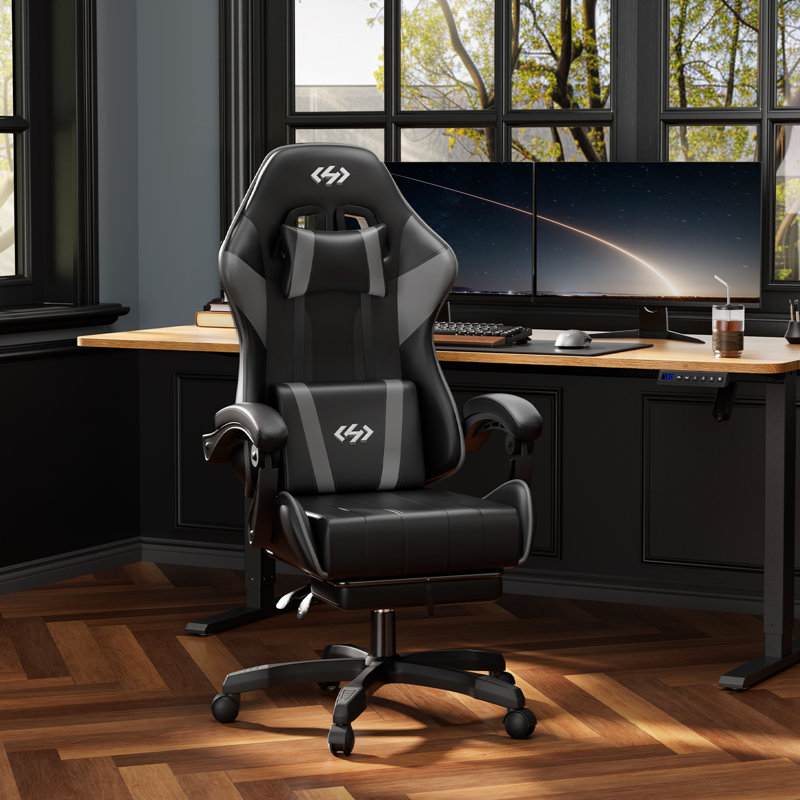 Metro Lane Adjustable Reclining Ergonomic Faux Leather Swiveling PC & Racing Game Chair with Footrest, Black/Grey