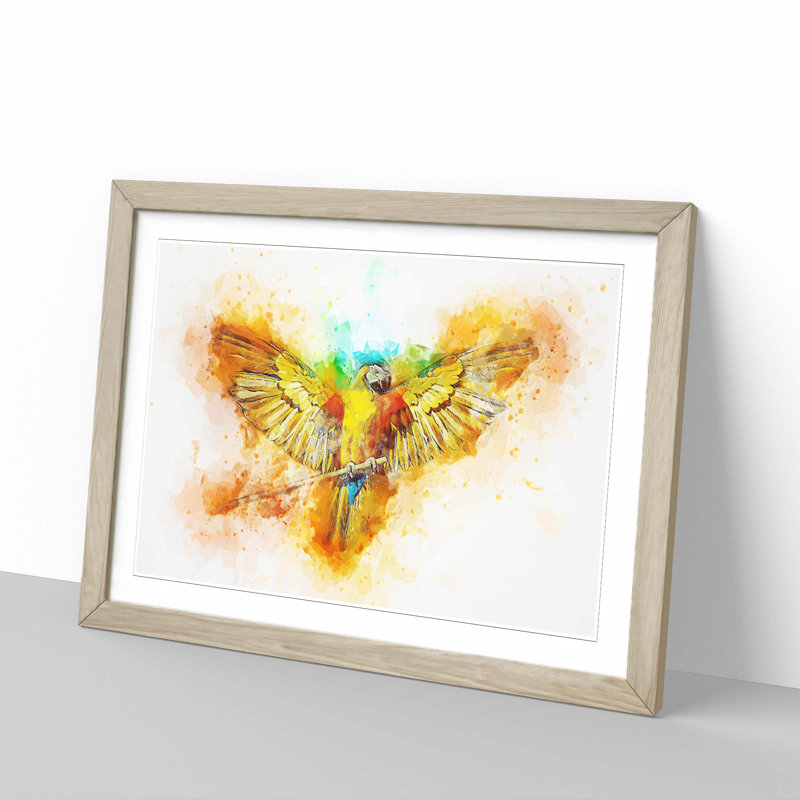 Macaw Parrot with Wide Wings in Abstract - Framed Print, 27cm H x 36cm W x 2cm D, Oak Framed