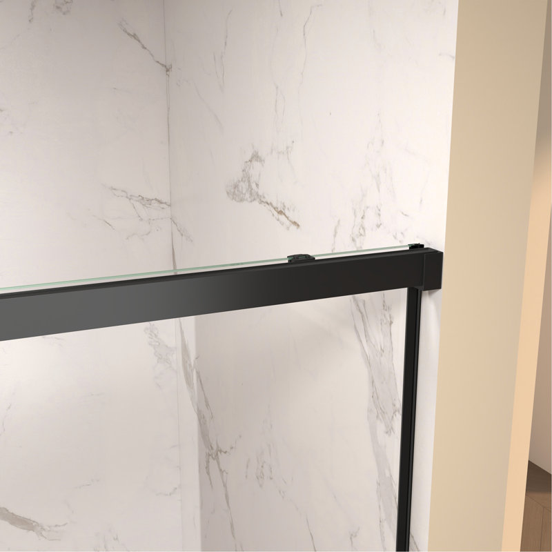 Porte de douche coulissante simple l 60 po x H 72 po, verre fixe de 5 mm et verre coulissant de 6 mm sans cadre, verre trempé transparent, poignée en acier inoxydable, noir mat
