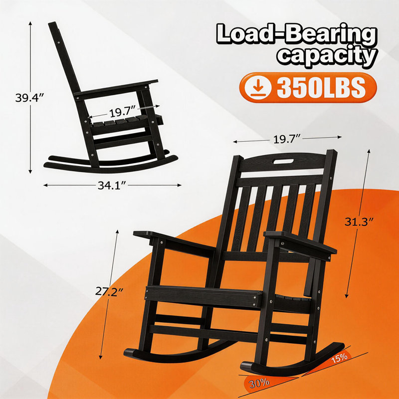 Outdoor Adirondack Rocking Chair HIPS All Weather Plastic Patio Chair Rocker（Set Of 2）, Black