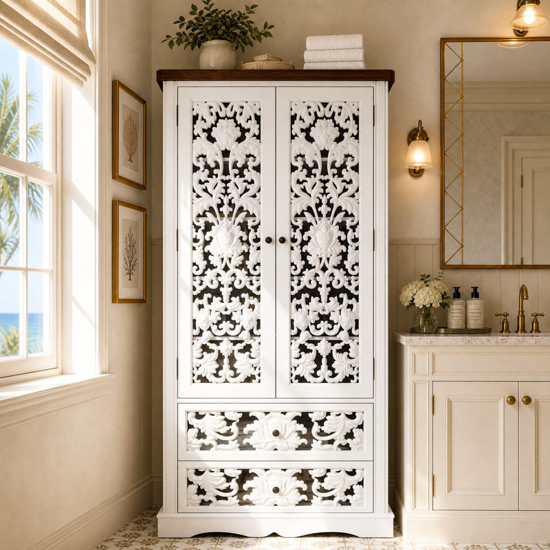 Armoire de salle de bain élégante à deux portes avec panneaux découpés et deux tiroirs