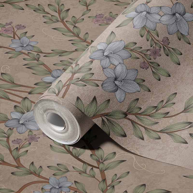 Vintage Branches Soft Blue Blooms Pattern Wallpaper Mural, Beige, 117.96" L x 225" W