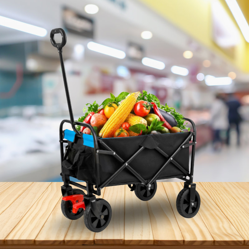 Mini chariot de plage pliable avec frein de jardin - noir et bleu
