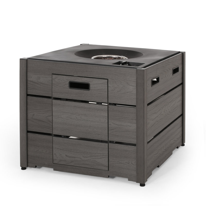 Square Wood Resin Propane Smokeless Fire Pit Table with Hidden Fuel Tank, Gray