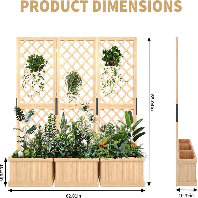 3-Panel Outdoor Privacy Screen with Planter Box and Trellis 62x10x65 Inch Freestanding Garden Divider with Drain Holes