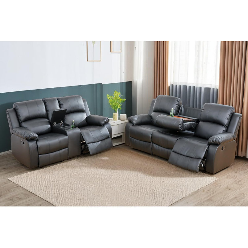 2-Piece Manual Reclining Living Room Sofa Set, Black
