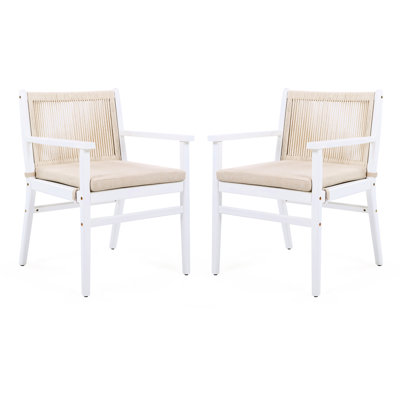 Chaise d'extérieur pour 2 personnes en bois avec dossier en corde, coussin imperméable, structure blanche, support de poids de 400 lb, fixation du coussin lavable à la machine, conception ergonomique confortable, s'adapte au balcon