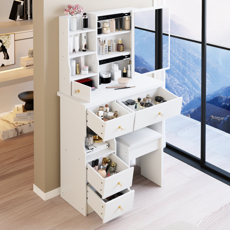 Petit meuble-lavabo blanc avec tiroir de gauche, miroir coulissant à droite, rangement multicouche, tabouret rembourré, design américain et longueur de 29,2 po et hauteur de 50,4 po pour les espaces